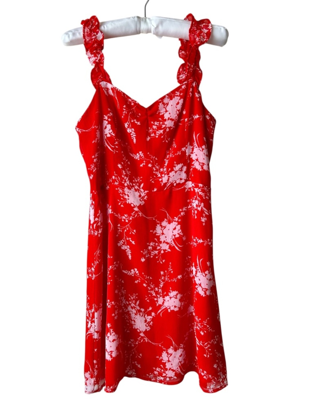Sundress Red White Floral Ruffle Straps Vneck Rib Crepe Zipper closure Small